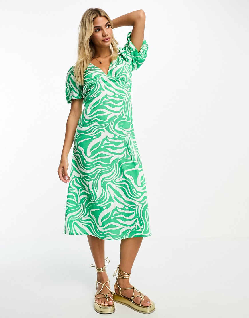 Influence v neck midi dress in green abstract print