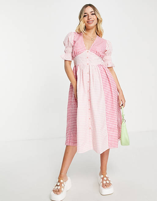 Influence v neck midi dress in mixed gingham