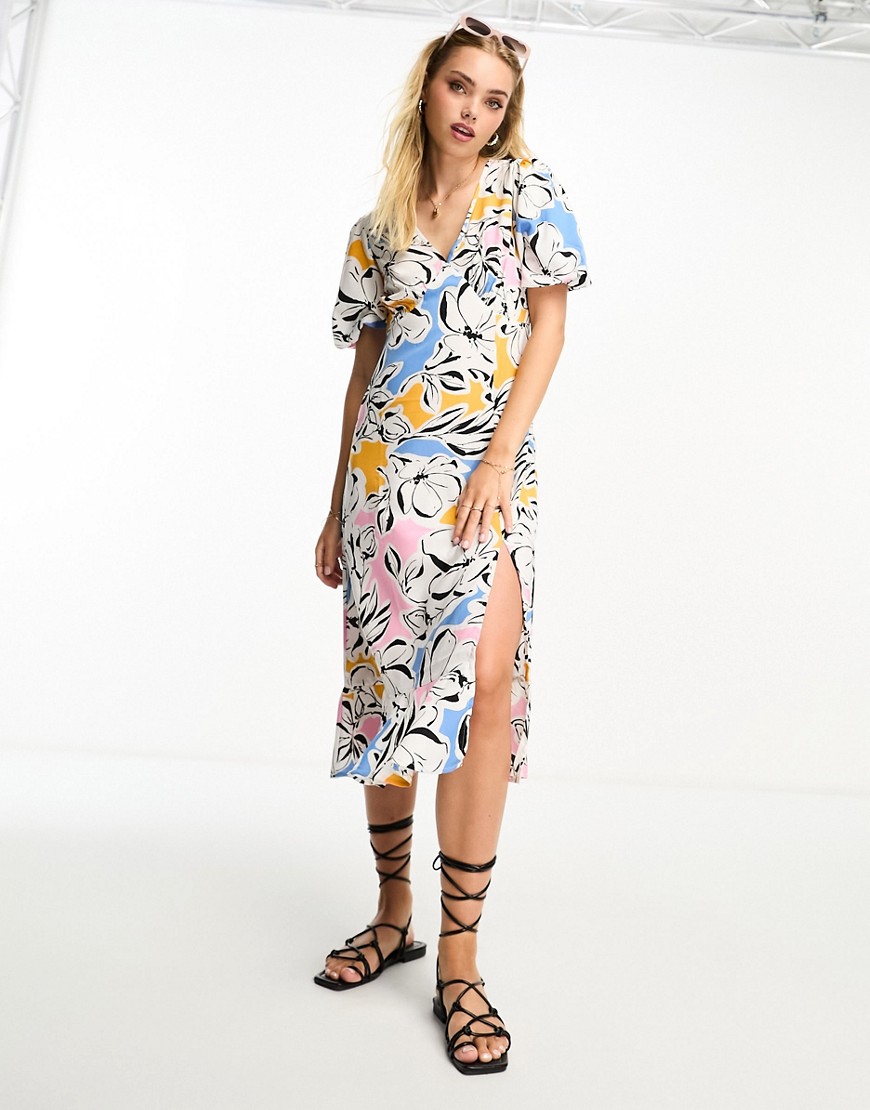Influence v neck midi dress in shadow floral print-White