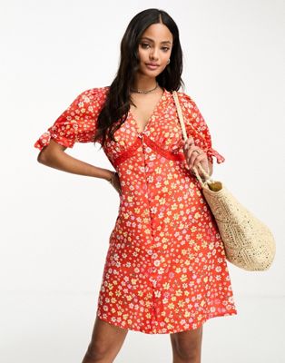 Influence v neck mini dress in red floral print