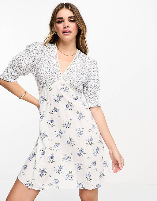Influence v neck mini dress with lace insert in white floral print | ASOS