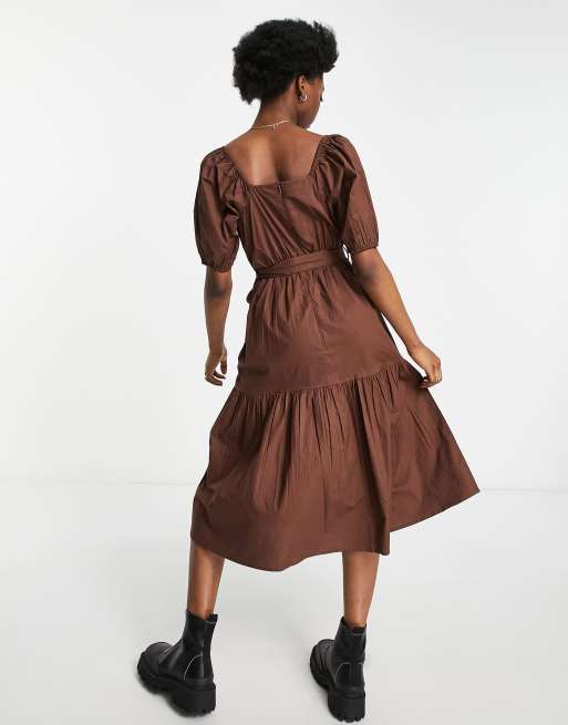 Influence v neck puff sleeve midi dress with tie waist in chocolate brown, 2 of 4