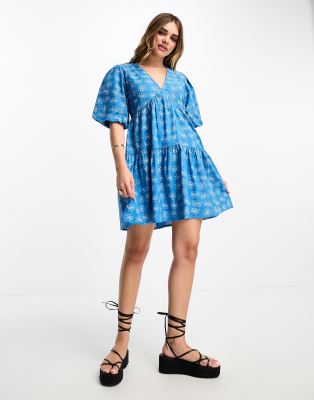Influence Influence v neck smock mini dress in blue