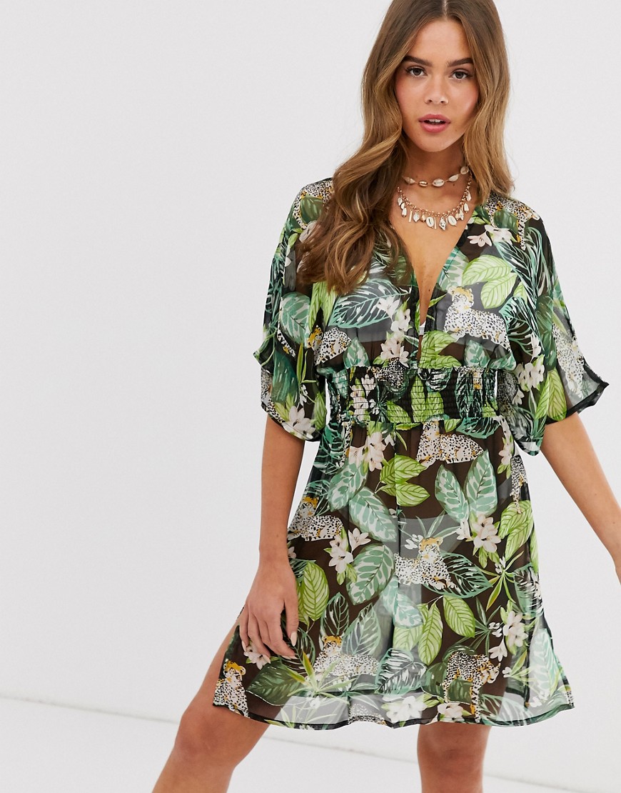 Influence – V-ringad strandklänning med tropiskt djurmönster-Grön