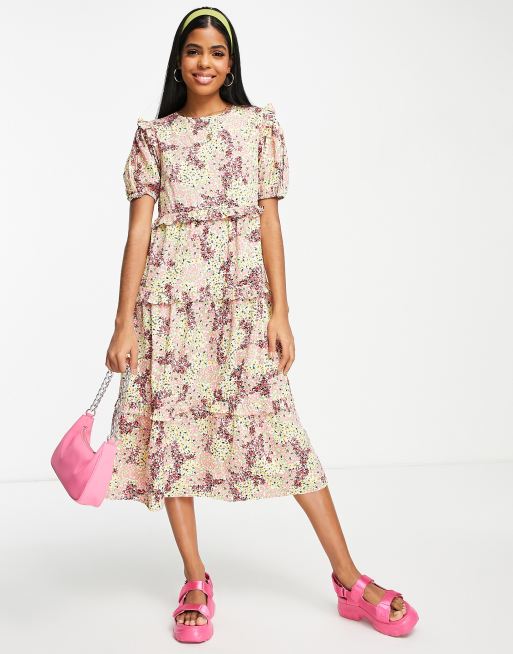 Influence - Vestito grembiule midi a balze a fiori vintage