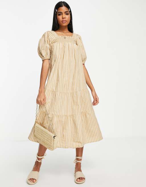 Influence - Vestito grembiule midi marrone a righe con maniche a sbuffo