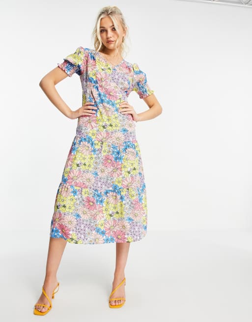 Influence - Vestito midi a balze con laccetti sul retro e stampa a fiori rétro