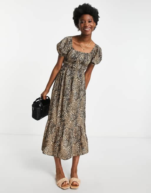 Influence - Vestito midi a balze con maniche a sbuffo e stampa leopardata