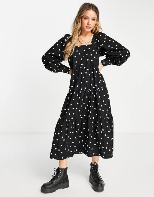 Influence - Vestito midi a balze in popeline di cotone con scollo squadrato a pois