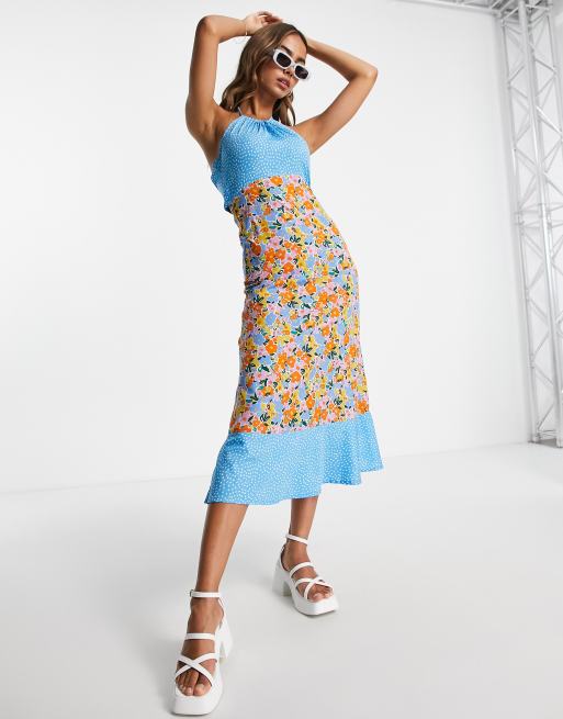 Influence - Vestito midi allacciato al collo con stampa mista a fiori e pois