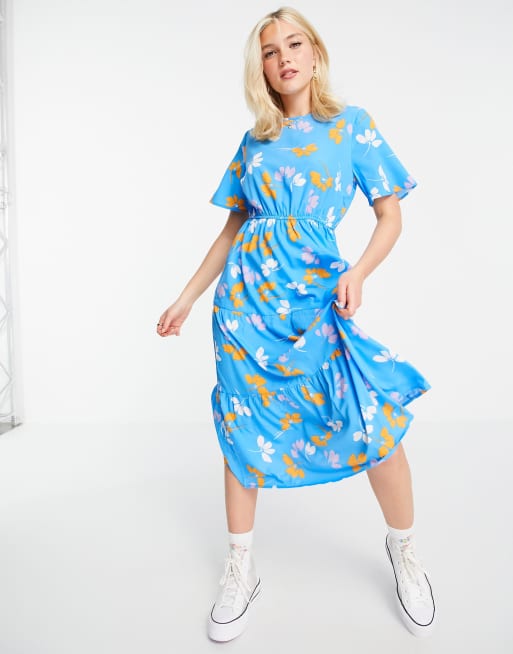 Influence - Vestito midi con fondo a balze blu a fiori