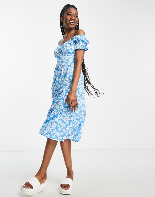 Influence - Vestito midi con scollo Bardot blu a fiori