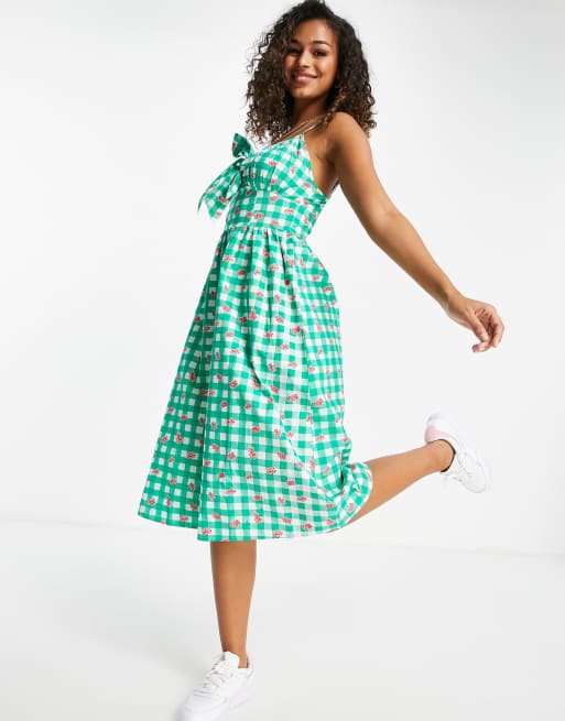 Influence - Vestito midi con spalline sottili verde a quadretti a fiori