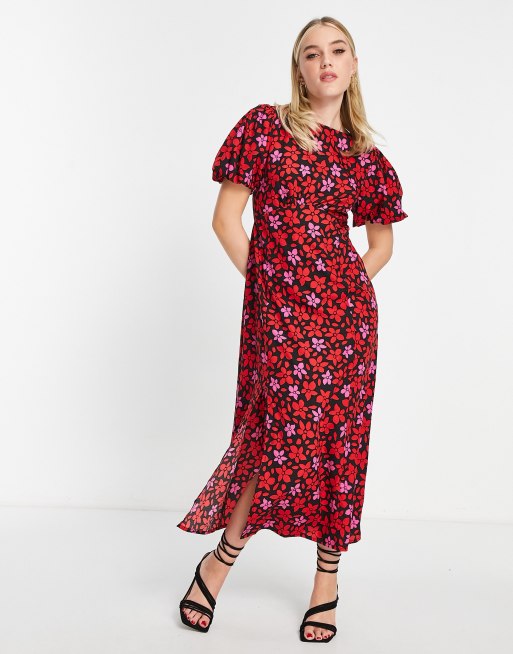Influence - Vestito midi da giorno rosso a fiori con maniche a sbuffo