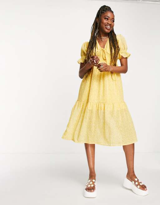 Influence - Vestito midi giallo a fiori con maniche a sbuffo
