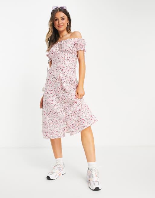 Influence - Vestito midi in popeline di cotone a fiori con scollo alla Bardot