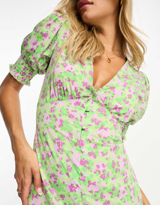 Influence - Vestito midi verde a fiori con bottoni sul davanti, 2 di 4