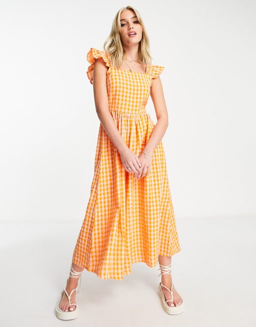 Influence Wadenlanges Seersucker Kleid in Orange mit Vichy Karo und Ruckenausschnitt mit Schleife ASOS