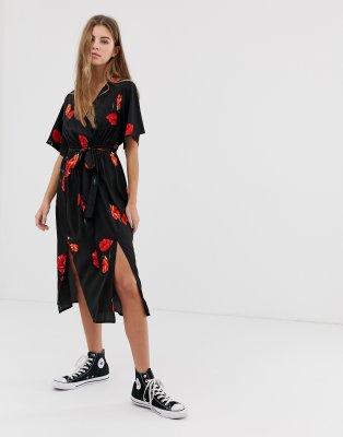 asos black floral midi dress