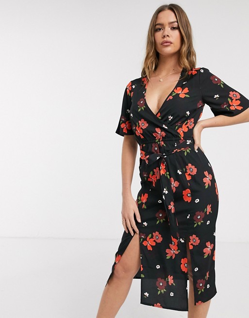 Influence wrap floral print midi dress with double splits in black
