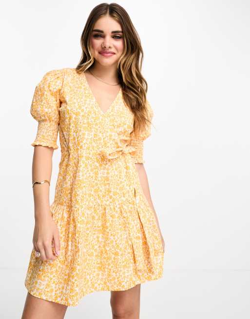 Influence wrap front cotton mini dress in orange floral print