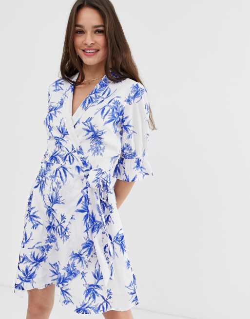 Influence wrap front dress in porcelain floral print | ASOS