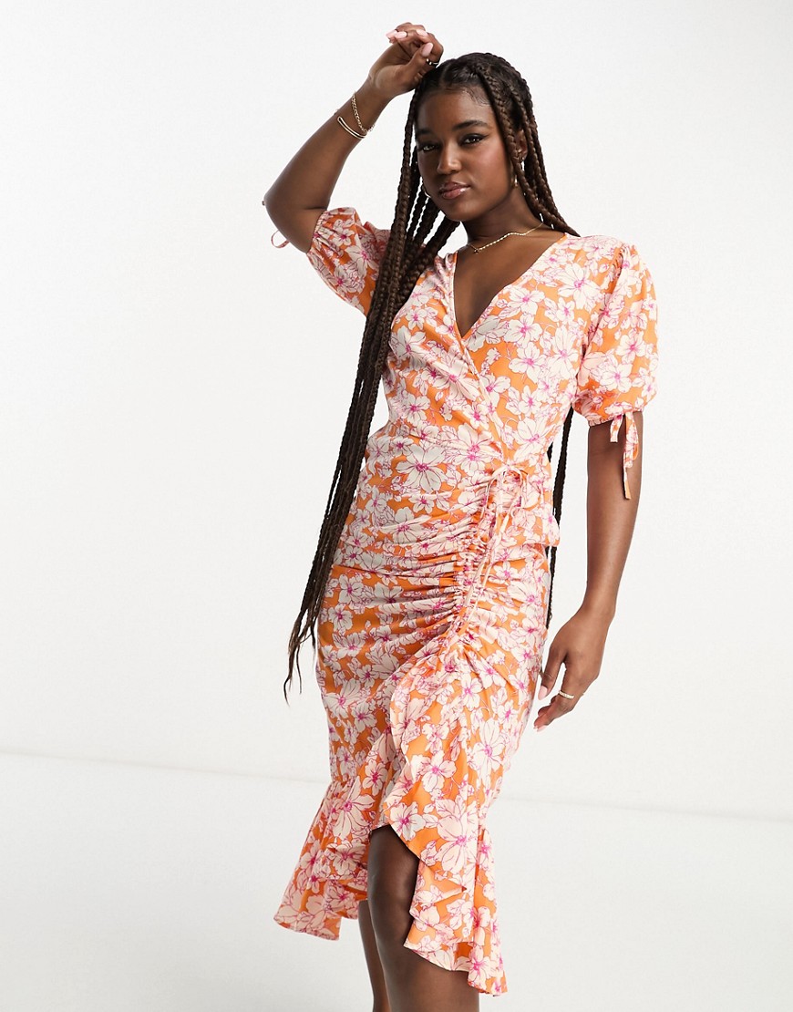 Influence wrap front frill midi dress in orange floral print