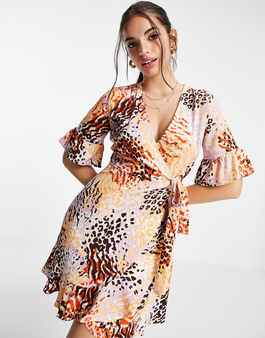 Influence wrap front frilled mini dress in animal print-Multi