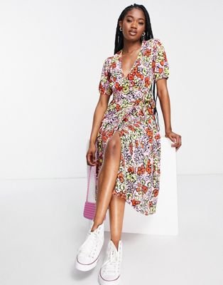 Influence wrap front midi dress in bold floral print