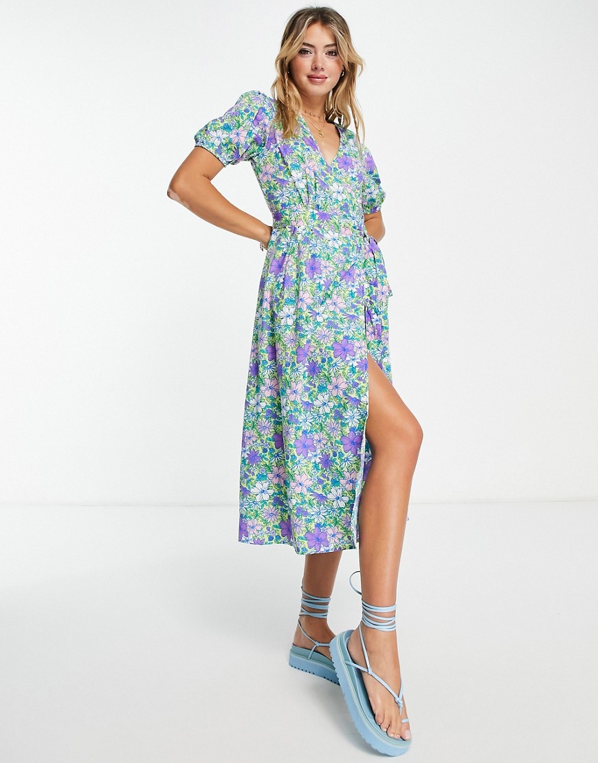 Influence wrap front midi dress in bright floral print-Multi