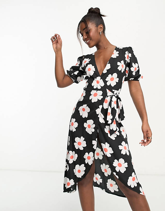 Influence - wrap front midi dress in floral print