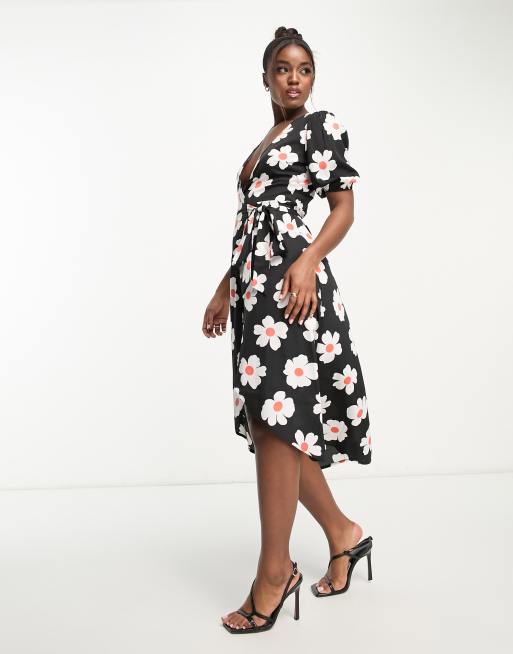 Liquorish wrap front midi tea dress in floral outlet print