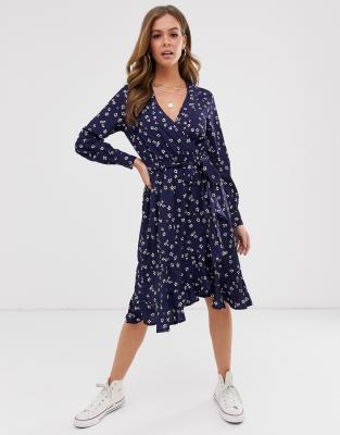 navy floral wrap midi dress