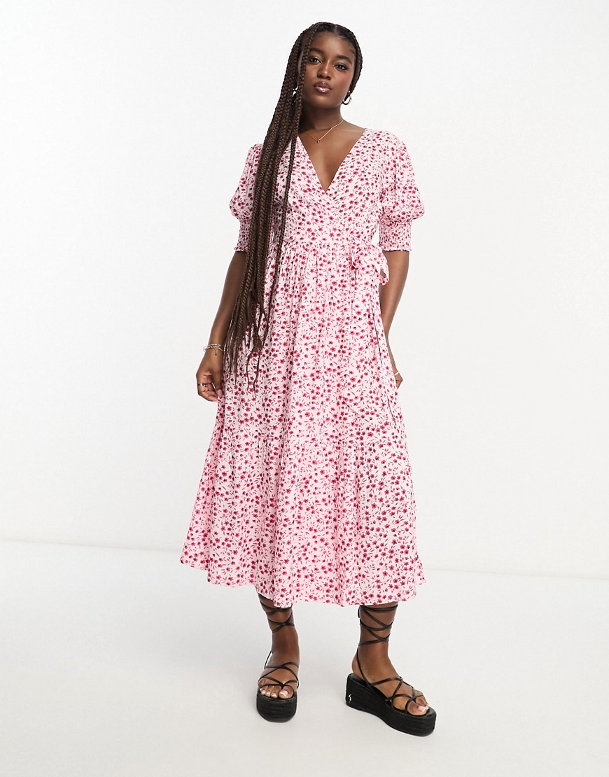 Influence wrap front midi dress in pink floral print