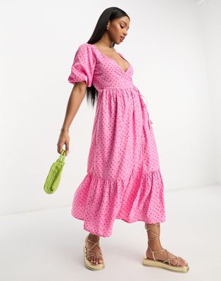 Influence wrap front midi dress in pink polka dot