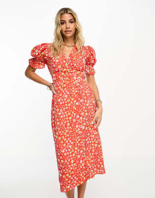 Influence Influence wrap front midi dress in red floral print