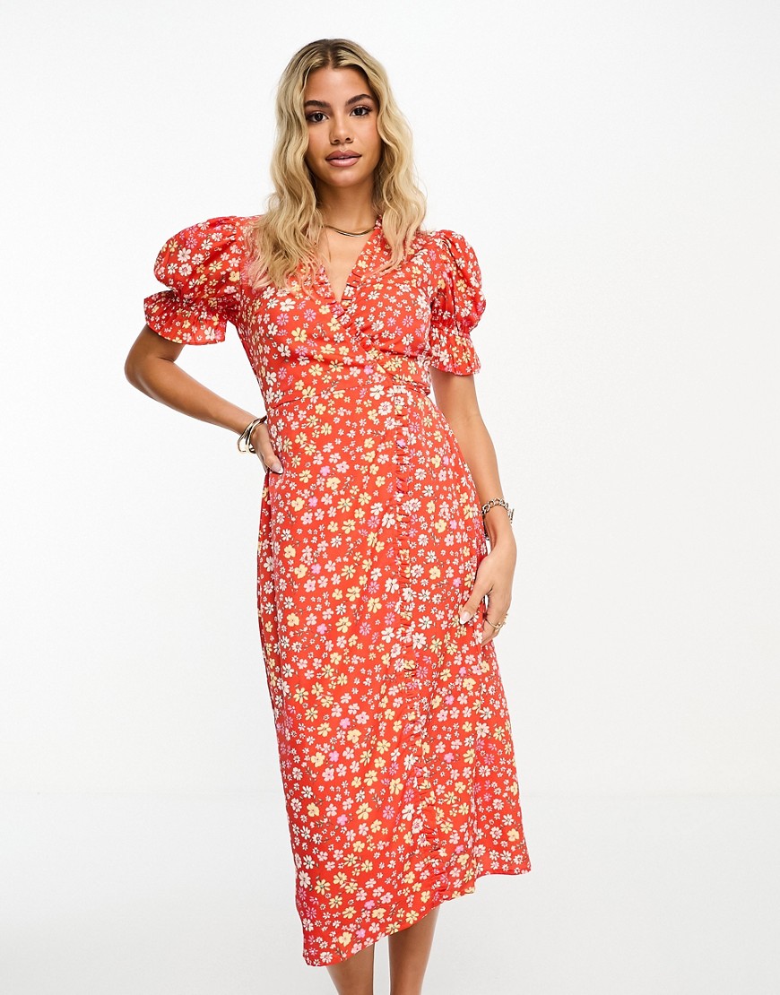 Influence wrap front midi dress in red floral print