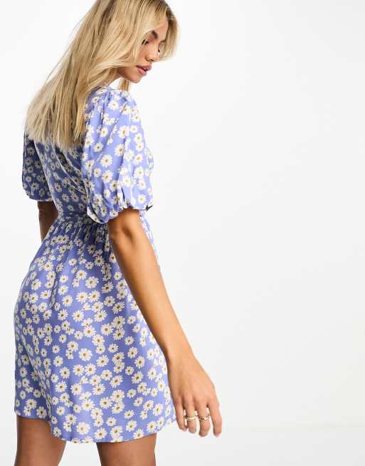 Blue And Cream Floral Printed Short Sleeve Belted Midi Dress – AX