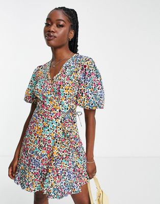 Influence wrap front mini dress in ditsy floral print
