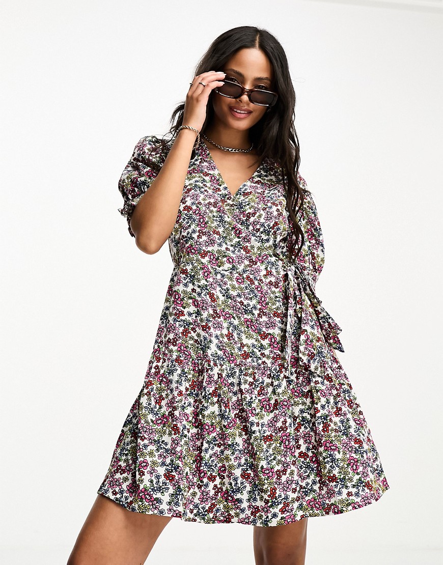 Influence wrap front mini dress in ditsy floral print-Multi
