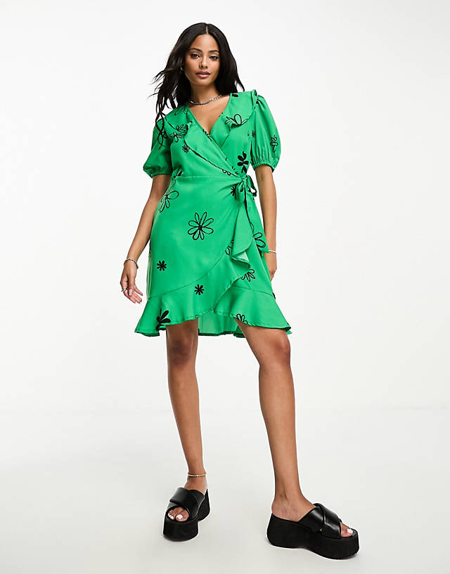 Influence - wrap front mini dress in green shadow floral print