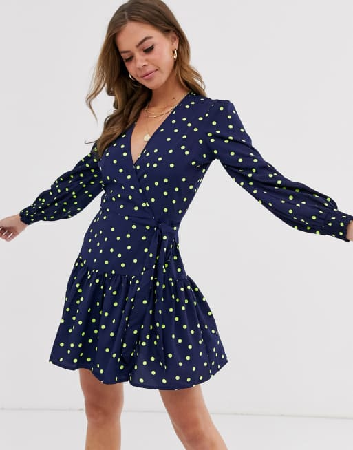 Influence wrap front mini dress in green spot | ASOS