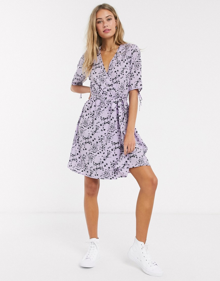 Influence wrap front mini dress in lilac shadow floral print-Purple