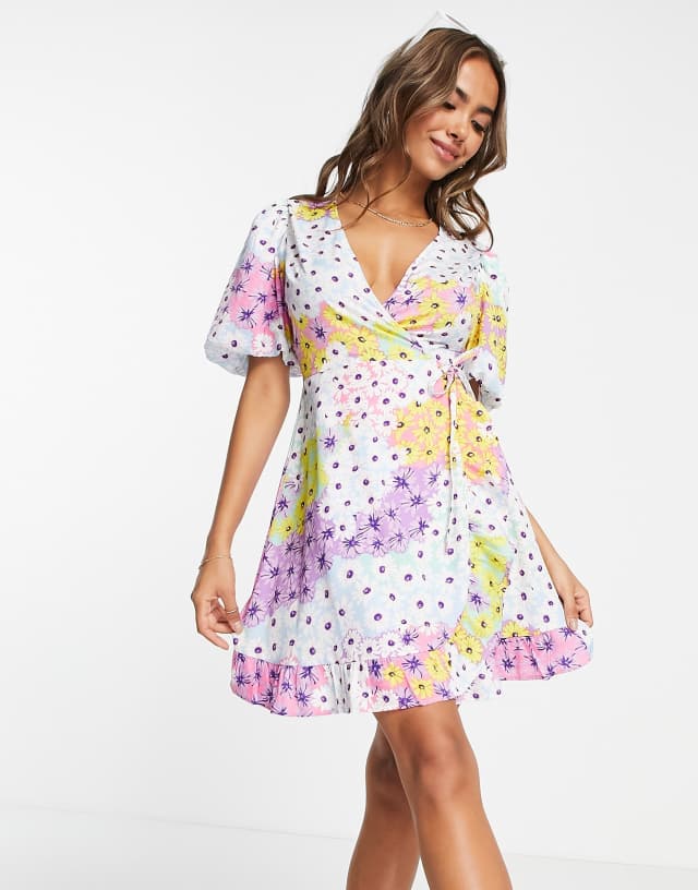 Influence wrap front mini dress in mixed floral print