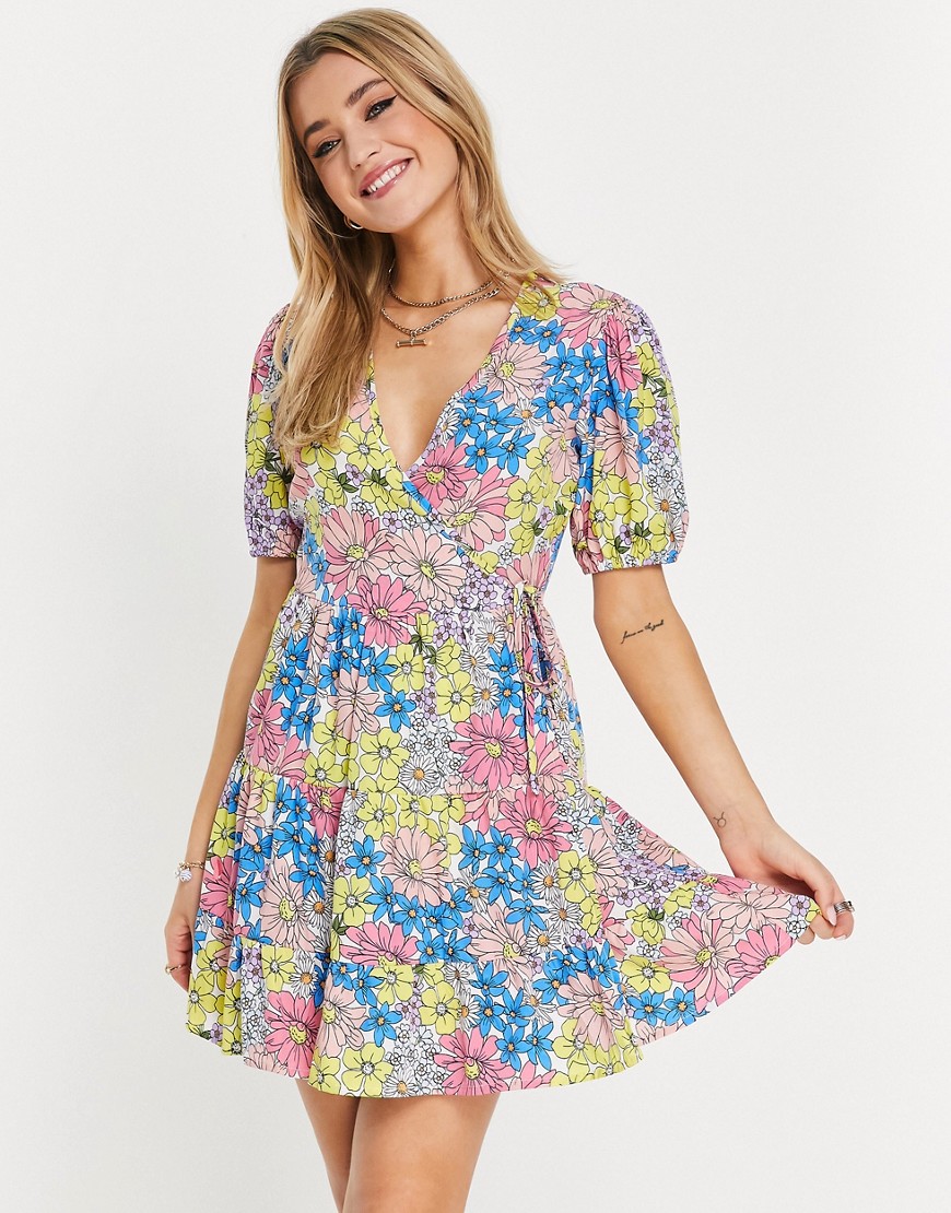 Influence wrap front mini dress in retro floral print-Multi