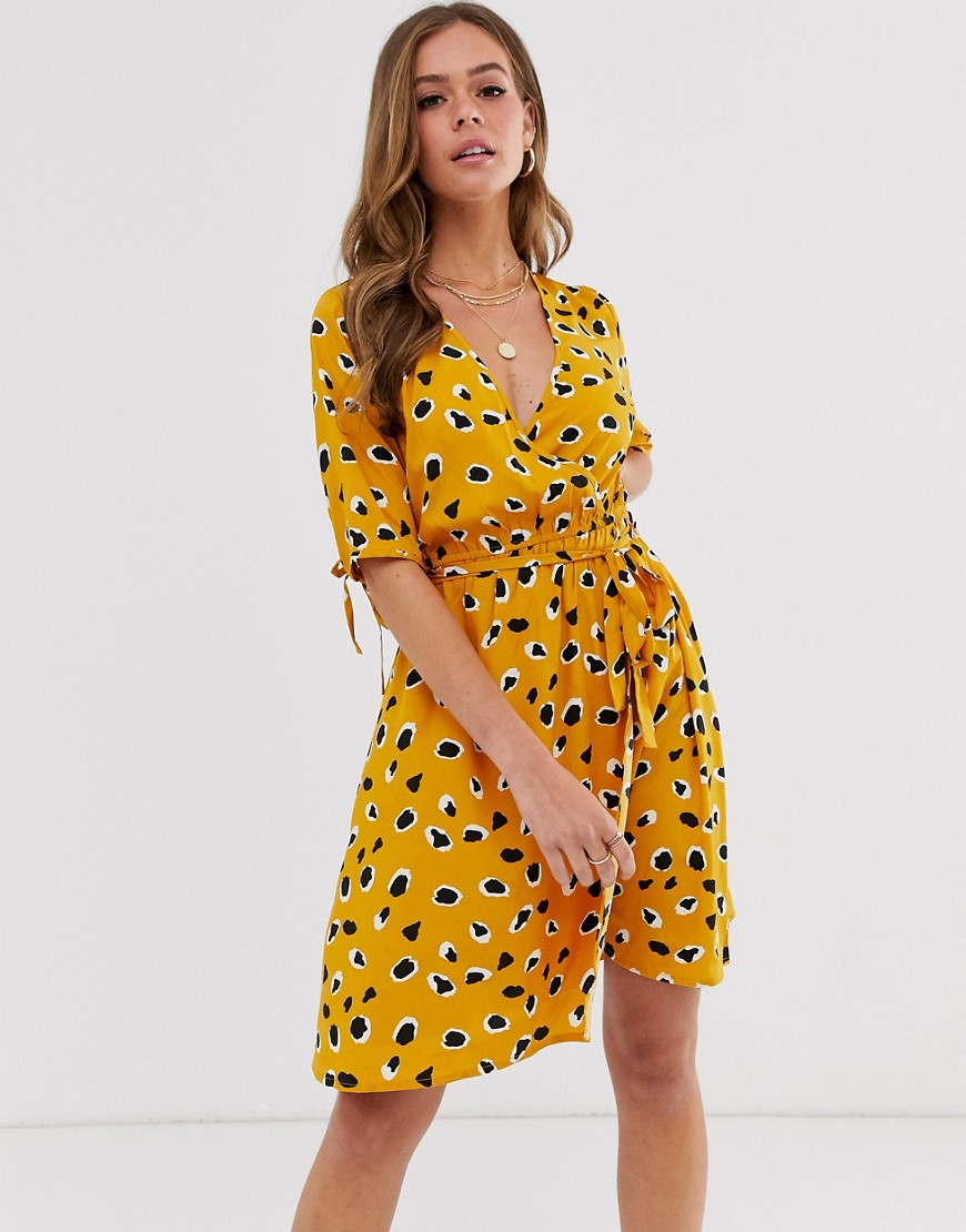 Influence wrap front mini dress in splodge print-Yellow