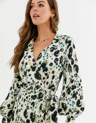 satin leopard wrap dress