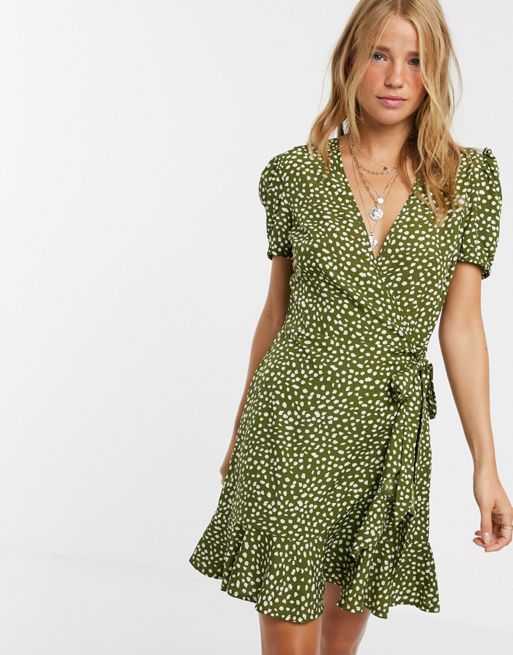 Influence wrap front skater dress in dalmation spot | ASOS