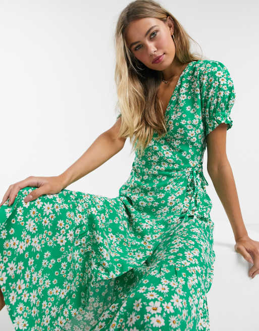 Influence Wrap Midi Dress In Green Daisy Print Asos