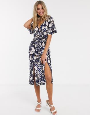 navy floral wrap midi dress